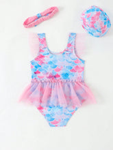 Assorted Fish Scale Printed Mesh Patchwork One-Piece Swimsuit For Young Girl